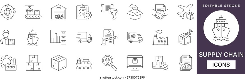 Conjunto de ícones da linha da cadeia de suprimentos com logística, depósito, entrega, transporte, inventário, frete, distribuição, distribuição, armazenamento, conjunto de vetores editáveis globais.