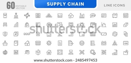 Supply chain line icon set. Logistic supply chain, value chain, delivery, manufacturing, e-commerce, distribution, warehouse, transportation, management, shipping icon collection.
