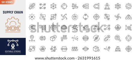Supply chain line icon set. Containing supply chain, value chain, logistic, delivery, manufacturing, commerce and more. Vector illustration. Editable stroke