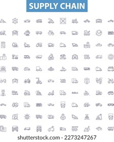 Supply chain line icons, signs set. Logistics, Supply, Distribution, Procurement, Flow, Management, Manufacturing, Delivery, Warehousing outline vector illustrations.