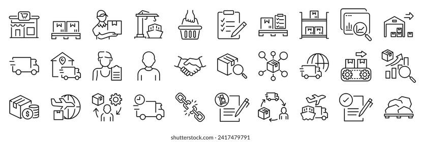 supply chain line web icons. Value chain, logistic, delivery, manufacturing, commerce. Outline icon collection. Vector illustration. Editable stroke