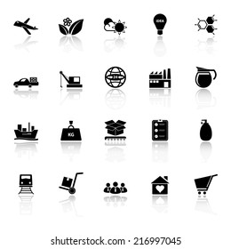 Supply chain and logistic icons with reflect on white background, stock vector