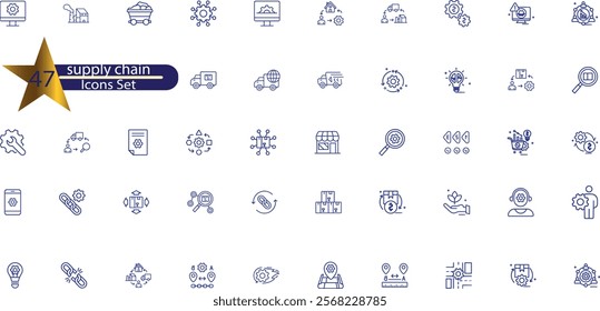  supply chain, logistic, manufacturing, containing production, shipping, transportation, Editable stroke.