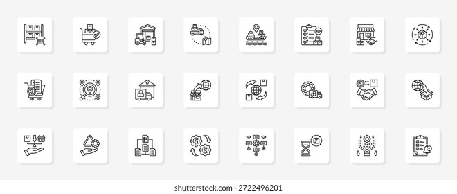 Cadena de suministro y logística Conjunto coherente de iconos vectoriales minimalistas que representan ideas clave con claridad visual