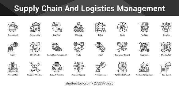 Gestión de la cadena de suministro y logística Conjunto coherente de iconos vectoriales minimalistas que representan ideas clave con claridad visual
