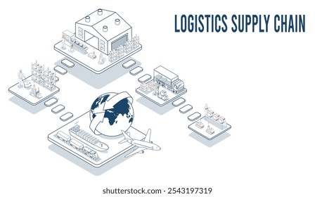 Supply chain logistics optimizes the flow of goods through integrated fleet management, warehousing, and inventory control across the entire supply chain network. Vector illustration eps10