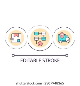 Supply chain loop concept icon. Storing and delivering products. Business structure abstract idea thin line illustration. Isolated outline drawing. Editable stroke. Arial font used