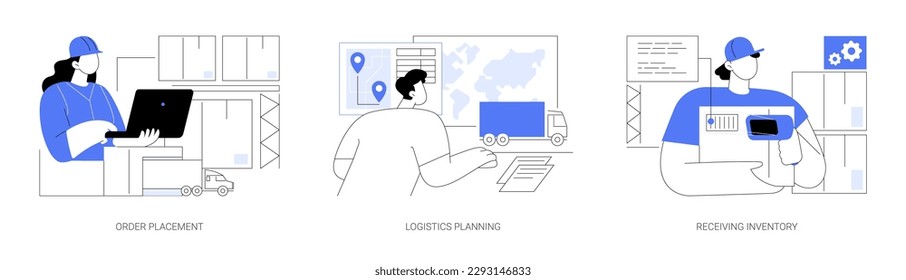 Supply chain management abstract concept vector illustration set. Order placement, logistics planning, receiving inventory, goods transportation management, logistics company abstract metaphor.