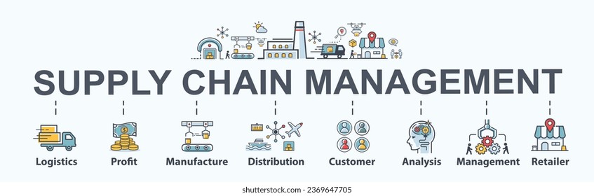 Supply chain management banner web icon vector for business, logistics, profit, manufacture, distribution, customer, analysis, management and retailer. Minimal cartoon information.