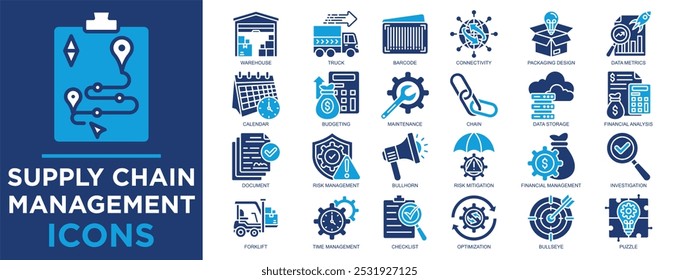 Gestión de la cadena de suministro, negocios, gestión, entrega, tecnología, conjunto de iconos de logística. Colección de iconos de contorno. Ilustración vectorial simple	