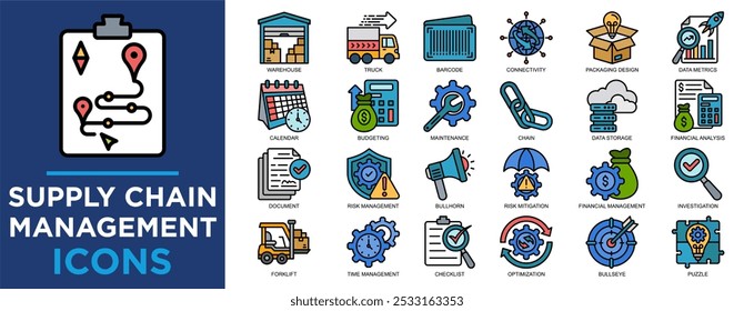 Supply Chain Management, Business, Management, Lieferung, Technologie, Logistik-Icon-Set. Kollektion von Gliederungssymbolen. Einfache Vektorgrafik