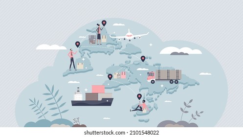 Supply chain management with cargo logistics and sourcing process tiny person concept. Worldwide transportation and shipping scheme for inventory storage control and products flow vector illustration.