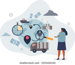 Gestión de la cadena de suministro con logística de carga y proceso de abastecimiento.Sistema mundial de transporte y envío para el control del almacenamiento de inventario y el flujo de productos.ilustración de vector plana.
