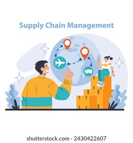 Supply chain management concept. Detailed visualization of supply chain management. Coordination of worldwide distribution channels. Tracking of goods from production to delivery.