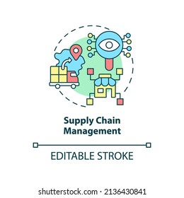 Supply chain management concept icon. Examples of automation in business abstract idea thin line illustration. Isolated outline drawing. Editable stroke. Arial, Myriad Pro-Bold fonts used