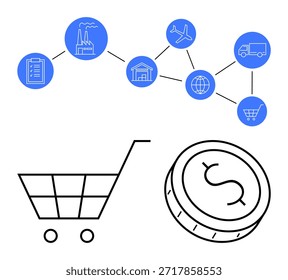 Gestión de la cadena de suministro, comercio electrónico, logística, comercio mundial, transacciones financieras, operaciones comerciales. Un diagrama de red, Carrito de compras y moneda. Gestión de la cadena de suministro y conceptos de comercio electrónico