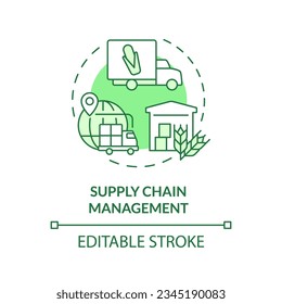 Supply chain management green concept icon. Farm to table. Food transportation. Inventory control. Agriculture business. Round shape line illustration. Abstract idea. Graphic design. Easy to use