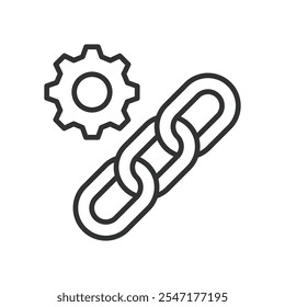 Gerenciamento da cadeia de suprimentos, ícone no design da linha. Abastecimento, cadeia, gestão, logística, inventário, distribuição, transporte no vetor branco de fundo. Ícone de traçado editável do Supply Chain Management