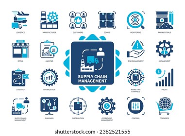 Supply Chain Management icon set. Logistics, Profit, Distribution, Manufacturer, Customers, Analysis, Management, Retailer. Duotone color solid icons