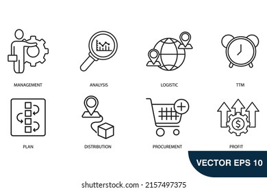 Iconos de gestión de la cadena de suministro configurados. Símbolo del módulo de gestión de la cadena de suministro vectores para web infográfica