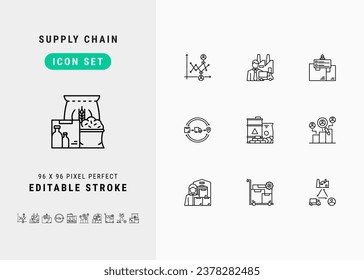Supply Chain Management Includes Supplier, Procurement, Competitor Analysis and Raw Material. Line Icons Set. Editable Stroke Vector Stock. 96 x 96 Pixel Perfect.