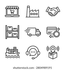 Supply chain management and industrial logistics icons with logistics industry delivery shopping ecommerce warehouse handshake tracking