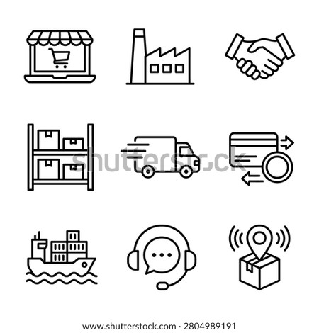Supply chain management and industrial logistics icons with logistics industry delivery shopping ecommerce warehouse handshake tracking