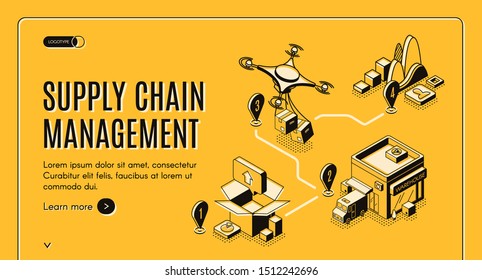 Supply chain management isometric landing page. Drone logistic and cargo transportation steps. Goods delivery process, export, import over world, global trade 3d vector illustration, line art, banner.