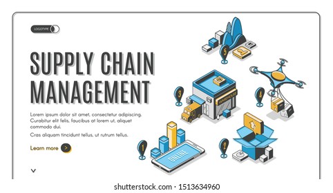 Supply Chain Management Isometric Landing Page. Drone Logistic And Cargo Transportation Steps. Goods Delivery Process, Export, Import Over World, Global Trade 3d Vector Illustration, Line Art, Banner.