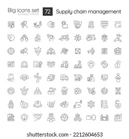 Supply chain management linear icons set. Production and logistics. Customizable thin line symbols. Isolated vector outline illustrations. Editable stroke. Quicksand-Light font used