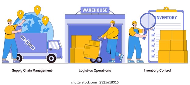 Lieferkettenmanagement, Logistikbetrieb, Lagerkontrollkonzept mit Zeichen. Abstraktes Vektorgrafik-Set für effiziente Lieferketten. Optimierte Operationsmetapher.