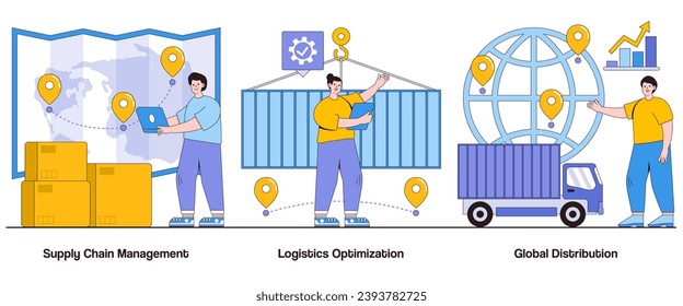 Supply chain management, logistics optimization, global distribution concept with character. Supply chain abstract vector illustration set. Efficient logistics, supply chain optimization metaphor.