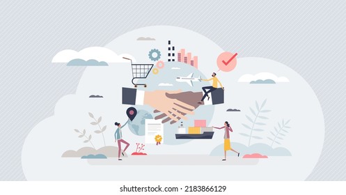 Supply chain management with logistics process planning tiny person concept. Worldwide distribution, inventory control and suppliers monitoring task for professional SCM work vector illustration.