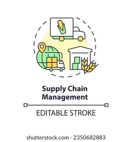 Supply chain management multi color concept icon. Farm to table. Food transportation. Inventory control. Agriculture business. Round shape line illustration. Abstract idea. Graphic design. Easy to use