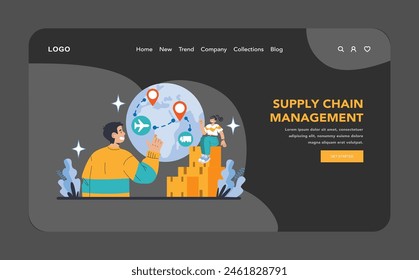 Web o página de destino de gestión de la cadena de suministro nocturna o en modo oscuro. Visualización detallada de la gestión de la cadena de suministro. Coordinación de los canales de distribución mundiales.