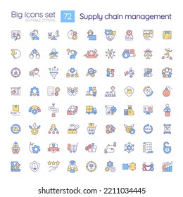 Supply chain management RGB color icons set. Production and logistics. Isolated vector illustrations. Simple filled line drawings collection. Editable stroke. Quicksand-Light font used