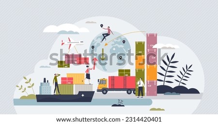 Supply chain management or SCM as logistics, warehouse inventory and sales planning tiny person concept. Global transportation network with export or import optimization system vector illustration.