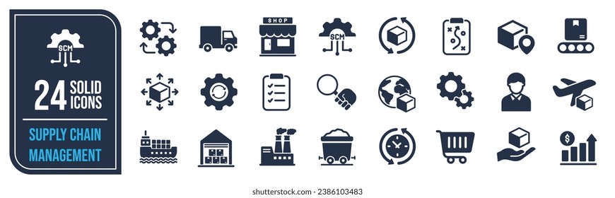 Supply chain management SCM solid icons collection. Containing distribution, delivery, export, freight etc icons. For website marketing design, logo, app, template, ui, etc. Vector illustration.