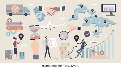 Supply chain management set items with scm logistics tiny person collection. Items with worldwide distribution planning, warehouse flow control and shipment network optimization vector illustration.