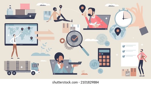 Supply chain management set items with scm logistics tiny person collection. Items with worldwide distribution planning, warehouse flow control and shipment network optimization vector illustration.