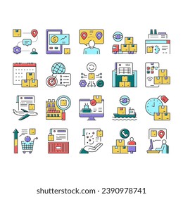 Supply Chain Management System Icons Set Vector. Optimization Of Supply Chain And Automation, Demand Forecasting And Sales Planning Concept Linear Pictograms. Contour Illustrations