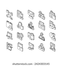 Supply Chain Management System isometric icons set. Optimization Of Supply Chain And Automation, Demand Forecasting And Sales Planning Concept Linear Pictograms. Contour .