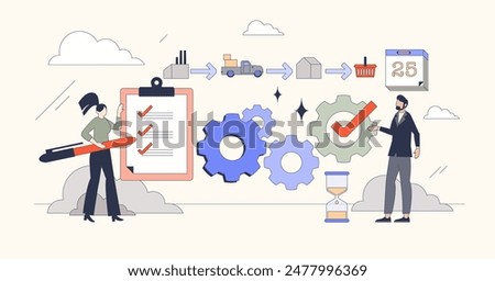 Supply chain management and trade logistics tiny person neubrutalism concept. Product delivery from factory warehouse to customer vector illustration. Distribution system organization or coordination