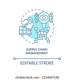 Supply chain management turquoise concept icon. Examples of automation in business abstract idea thin line illustration. Isolated outline drawing. Editable stroke. Arial, Myriad Pro-Bold fonts used