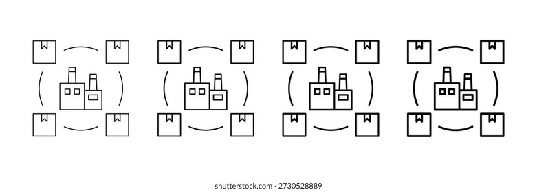 Vector de los iconos de la fabricación de la cadena de suministro fijado en diverso estilo de la línea del movimiento