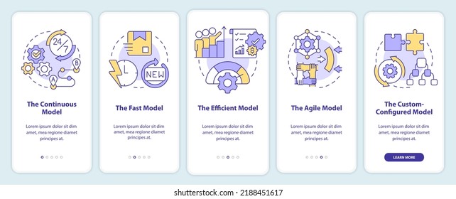 Supply chain models onboarding mobile app screen. Industry walkthrough 5 steps editable graphic instructions with linear concepts. UI, UX, GUI template. Myriad Pro-Bold, Regular fonts used