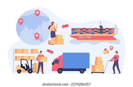 Red de la cadena de suministro para la ilustración mundial de vectores de entrega. Trabajo de proveedores, fabricantes, distribuidores y minoristas con camiones, buques y almacenes. Concepto de entrega, negocio, envío