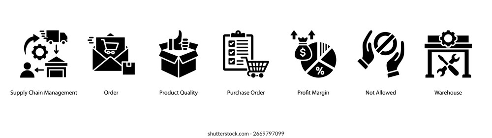 Ilustración vectorial de íconos de Anuncio de Web de Operaciones de Cadena de Suministro con Gestión de Cadena de Suministro, Pedido, Calidad de Producto, Orden de compra, Margen de Ganancia, No Permitido y Almacén.