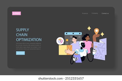 Concepto de optimización de la cadena de suministro. Racionalización de la logística con IA y trabajo en equipo. Ilustración vectorial de profesionales y un robot analizando un mapa.