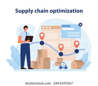 Optimización de la cadena de suministro. Gestión logística eficiente visualizada con seguimiento en tiempo real y control de inventario. Ilustración vectorial plana.